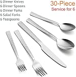 E-far Hammered Silverware Set, 30-Piece Stainless Steel Square Flatware Set for 6, Metal Tableware Cutlery Set Includes Dinner Knives/Forks/Spoons, Modern Design & Mirror Polished - Dishwasher Safe
