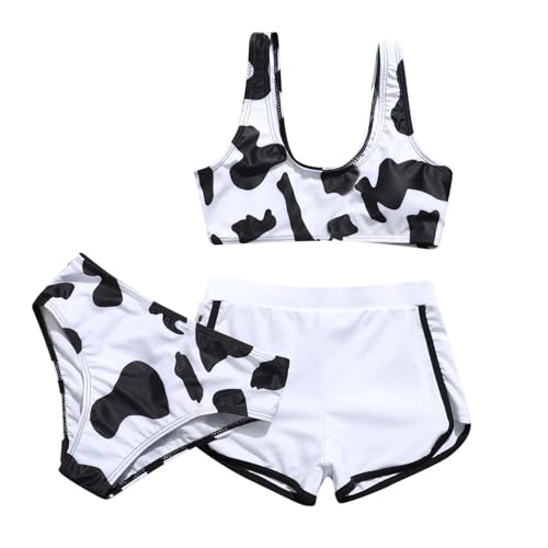 Girls Cute Cow Print Swimsuits for Teens Bikini Set with Shorts 3 Piece Bathing Suits Cute Tankini Swim Suit Beach