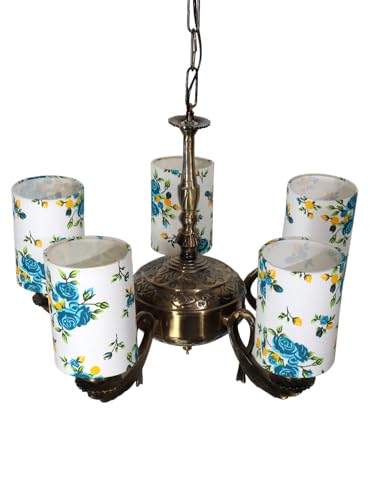 Image of Devansh 05-Light Round Printed Multicolor Cotton Shade Chandelier - Antique Golden Finish | Adjustable Cord | Warm Glow Lamp - Ceiling Light for Living Room, Dining Area, BedroomDecor - D17