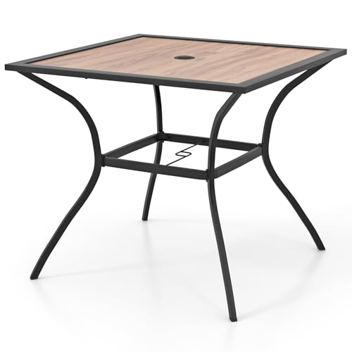 COSTWAY Garden Table with Umbrella Hole, Outdoor Dining Table with Wood-Like Tabletop & Metal Support Legs, Square Bistro Table for Backyard Patio Balcony, 85 x 85 x 74 cm