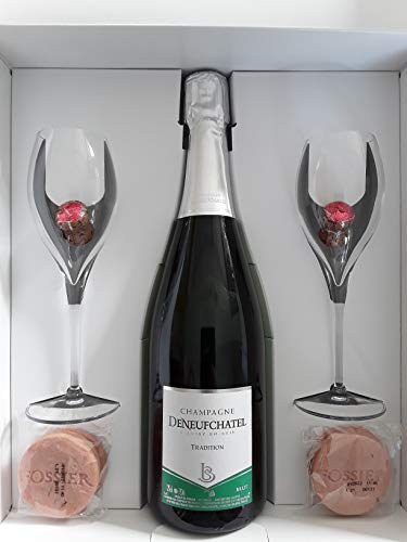 Coffret"Plaisir d'offrir" Champagne AOC Brut Tradition flûtes Sablé rose de Reims Bouchon chocolat praliné Direct Producteur Maison Deneufchatel Produits Fossier Cover