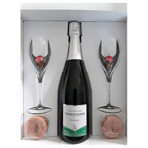 Coffret "Plaisir d'offrir" Champagne AOC Brut Tradition flûtes Sablé rose de Reims Bouchon chocolat praliné Direct Producteur Maison Deneufchatel Produits Fossier