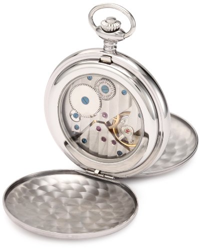 Image of Charles-Hubert, Paris 3908-WRR Premium Collection Stainless Steel Satin Finish Double Hunter Case Mechanical Pocket Watch