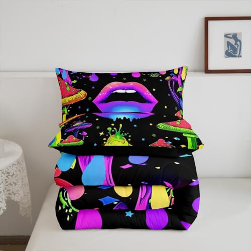 Image of Feelyou Rainbow Mushroom Comforter Set King, Mushroom Sexy Lips Bedding Set for Kids Aesthetic Funny Purple Moon Galaxy Comforter Boys Girls Hippie Star Cool Art Duvet Set with 2 Pillow Case