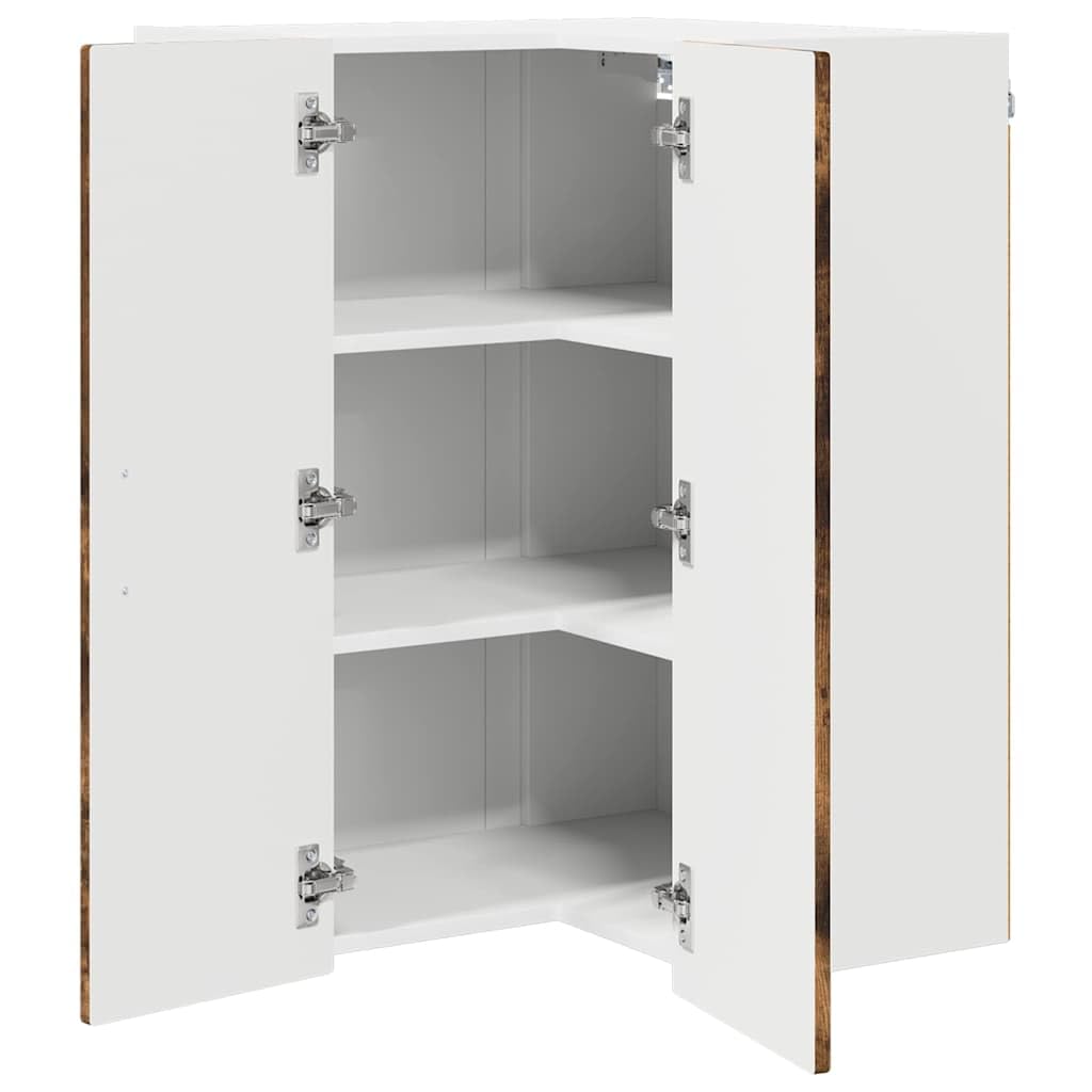 Armario esquinero Porto de pared de roble ahumado, 57 x 57 x 80 cm, 2 puertas, 3 estantes, armario colgante, armario de cocina, armario de almacenamiento