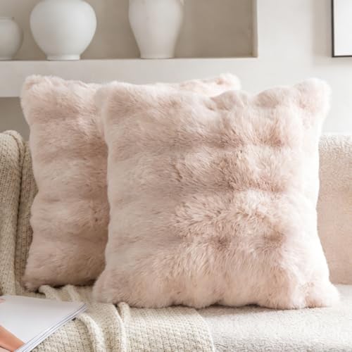 Neelvin Beige Faux Fur Pillow Covers Set of 2, Luxury Soft Fluffy Throw Pillow Covers 22x22inch for Couch, Fuzzy Decorative Plaid Plush Cushion Cases for Living Room Sofa Bedroom Decor
