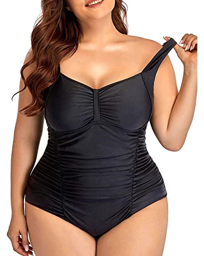 Daci Women Plus Size One Piece Swimsuits Tummy Control Black Vintage Ruched Bathing Suits Retro Swimwear 20 Plus #TOP2