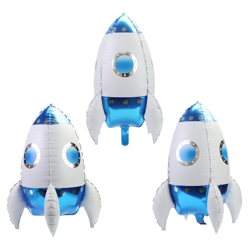 4D 24'' Giant Universe Space Rocket Balloons, Science Fiction Interstellar Rocket Helium Mylar Foil Balloons, 3 Pack Astronaut Theme Outer Space Party Suppliers Birthday Decoration (Blue), With Ribbon #TOP17