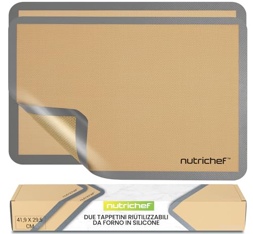 NutriChef Tappetino Silicone per Forno, Rettangolare, 2 Pezzi, 62 x 42 cm, Antiaderente Riutilizzabile, per Dolci, Pasticceria, Biscotti, Pane e Pizza, Casa e Cucina, Resiste Fino a 250°C, Grigio