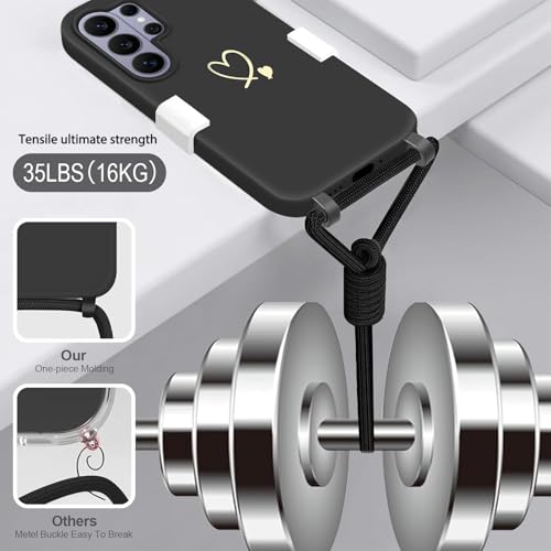 AoozeFon Handyband für Samsung Galaxy S26 Ultra Hülle mit Band,Handyhülle Silikon mit Goldenem Herzmuster für Samsung S26 Ultra,Abnehmbare Stoßdämpfend Handytasche mit Nylon-Lanyard, Schwarz