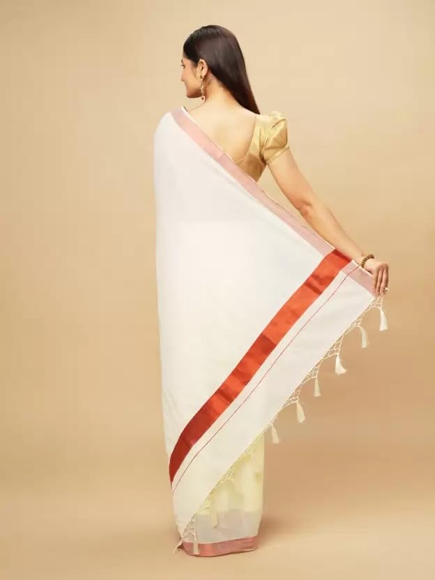 Image of Women's Kerala Off white cotton saree with running blouse| Onam Saree | Vishu Saree | Traditional White Saree
