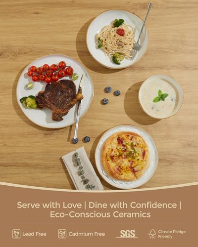 Image of 24 Pieces Dinnerware Set for 6 with Pasta Bowls, Complete Ceramic Dish Set, Stackable & Glossy Stoneware Plate and Bowl Set for Effortless Everyday Hosting, White