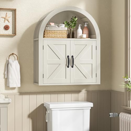 Image of Arched Bathroom Wall Cabinet, Farmhouse Medicine Cabinet with Barn Door and with Adjustable Shelf, 23.6 x 28.7'' Wooden Storage Cabinet Wall Mounted for Bathroom Laundry Room Kitchen, Rustic White