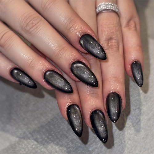 Black Press on Nails Medium Almond Fake Nails Goth Dark Nails