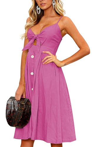 Image of ECOWISH Women 2026 Summer Dresses Tie Front V-Neck Spaghetti Strap Button Down A-Line Backless Swing Midi Dress