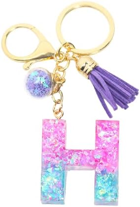 Glitter Letter Keychain - A-Z Initial Pendant With Tassel & Glass Ball, Resin, Medium Size