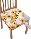 Scominoc Sunflower Seat Covers for Dining Room Chairs Set of 4, Floral Stretchy Dining Chair Cushion Covers, Removable Washable Furniture Protector Rustic Newspaper Clipping Slipcovers for Office