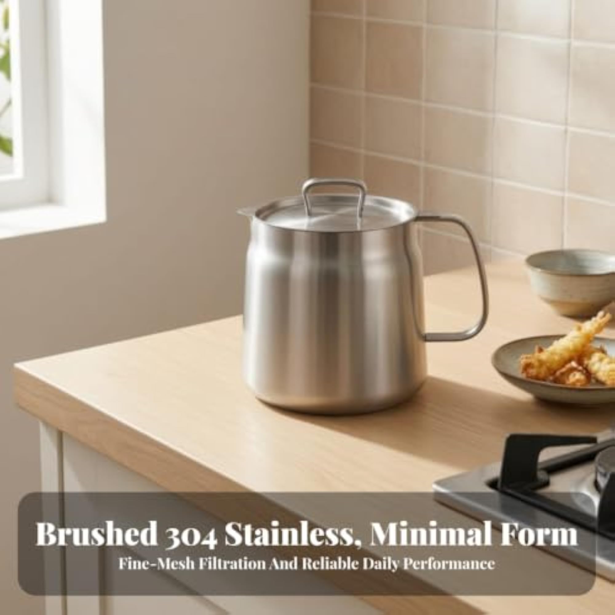 Heat-Resistant Stainless Steel Oil Container with Fine-Mesh Strainer