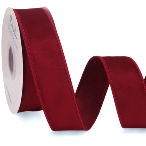 Ribbli Dark Red Velvet Wired Ribbon with Dupioni 1.5" x 10 Yds Continuous