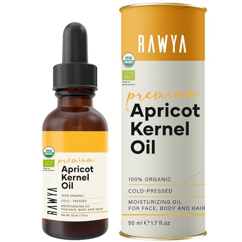 RAWYA Apricot Seed Oil - Cold-Pressed - USDA Organic Unrefined - Premium Moisturizer Oil for Hair and Skin - Lightweight Texture - Rich in Vitamins A & E - All Skin Type - Glass Bottle - 1.7 Oz