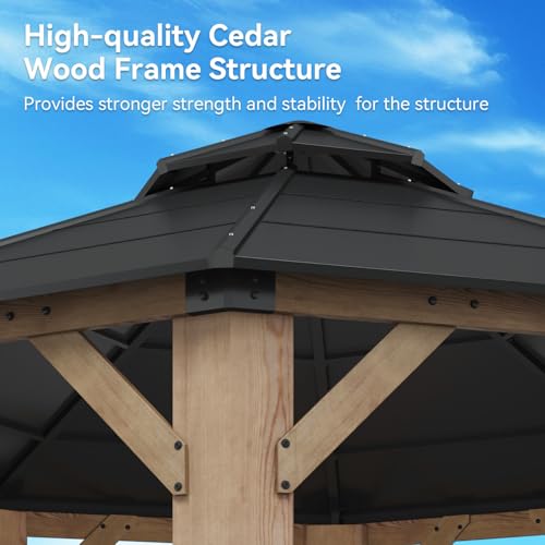 Image of Aoxun 13' x 13' Outdoor Wood Octagon Gazebo, Hardtop Gazebo Permanent Wooden Pavilion with Galvanized Steel Double Roof, for Packyard, Garden, Deck, Cedar Wood