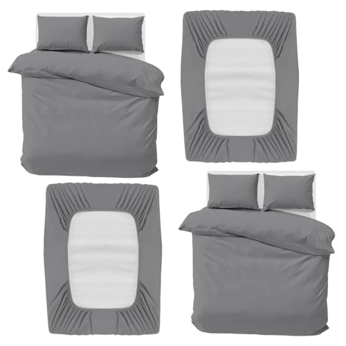 MOONLIGHT20015 Double Bedding Set 4 Piece Duvet Cover Fitted Sheet with Pillow cases Soft Brushed Microfiber Duvet Cover sets Grey (Pack of 2)