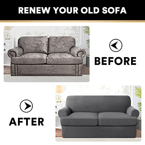 PrinceDeco T Cushion Loveseat Slipcover 3 Pieces Sofa Covers for T Cushion Sofa Stretch Sofa Covers for 2 Cushion Couch with 2 Individual T Shape Seat Covers Width Up to 76"- Washable, Grey