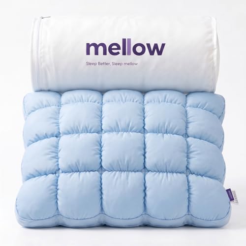 Mellow Puff Pillow Cooling Ice Silk Bed Pillow Fluffy Goose Down Alternative Fill Hypoallergenic & Machine Washable Pillow for Side Back & Stomach Sleepers Baby Blue