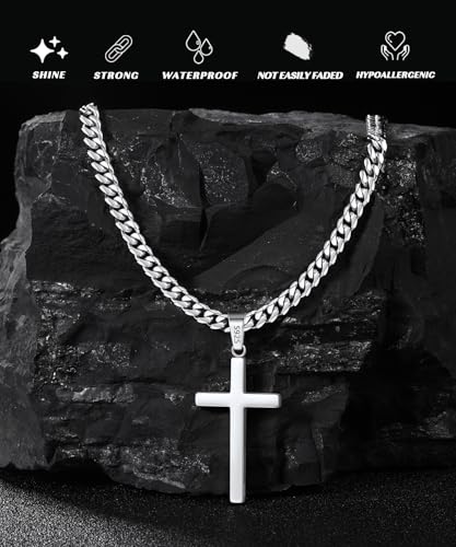 Eterjew S925 Sterling Silver Cross Necklace for Men, Men's Sterling Silver Cross with 4mm Stainless Steel Cuban Chain Necklace for Men Women, Mens Necklaces 20 inches — view 4