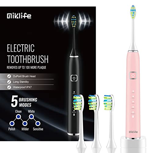 MIKLIFE Sonic Electric Toothbrush 5 Modes Rechargeable Power Smart Toothbrush Cleaner With 3 Brush Heads For Adults