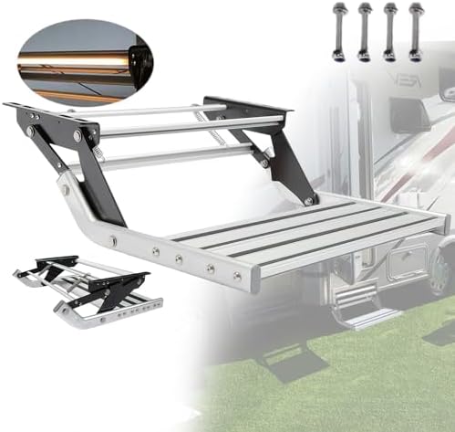 Aluminium Step with LED Light, Stainless Steel RV Entry Step for Motorhome & Truck, Compact & Durable Design for Easy Access, Perfect for Travel Trailers
