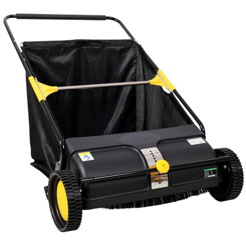 Hand Push Lawn Sweeper, 26 Inch Width, 7 Cu Ft Hopper Capacity, Adjustable Height, Black