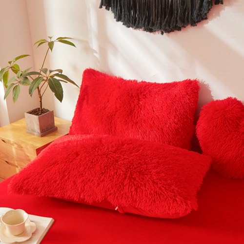 Plush Fluffy Red Comforter Cover Twin Set – Faux Fur Plush Red Bedding 2-Piece Set (1 Furry Duvet Cover + 1 Shaggy Pillow Sham) Cozy Bed Set