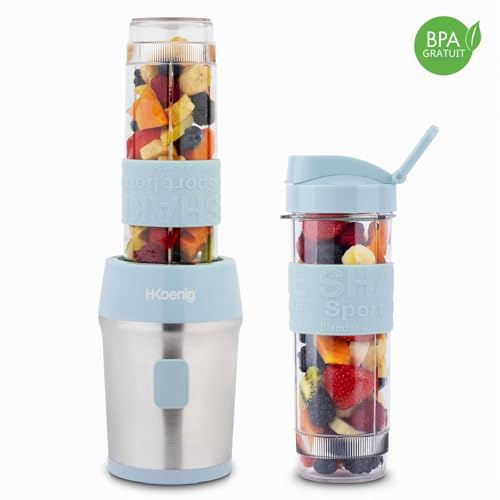 H.Koenig Mini Blender/Smoothie/Mixeur SMOO16 – 570mL, 300W, 4 Lames Inox, Sans BPA, 2 Bouteilles portables avec couvercles de voyage, Bleu Pastel – vue 9