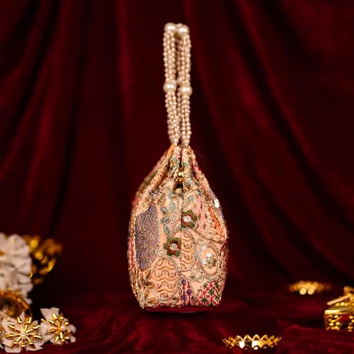 Image of Opulent Pearl Potli Bag, Bridal Wedding Handbag, Designer Beaded Clutch for Women, Festive Ethnic Purse