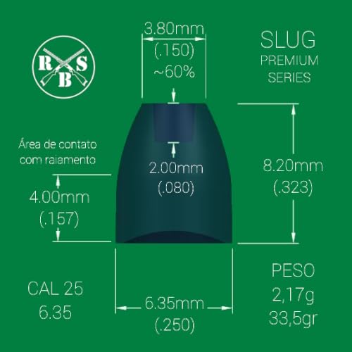 CHUMBINHO SLUG 6.35 RBS PONTA OCA PREMIUM COM 125 UNIDADES 6.35mm, 2.17g (33.5gr), SLUG COM PONTA OC