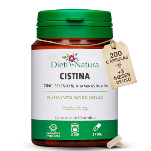 Dieti Natura Cistina 200 cápsulas con L-cistina, Biotina (B8), Zinc, Selenio y B6 - Cistina para Apoyo al cCrecimiento y Cuidado del Cabello en Mujer y Hombre - Sin Gluten ni OGM