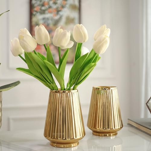 Image of BEHOMA Metal Fluted Column Flower Vase Set, Golden - Set of 2 | Modern Metal flower vase in Gold - for fresh or artificial flower displays for living room - great wedding gift