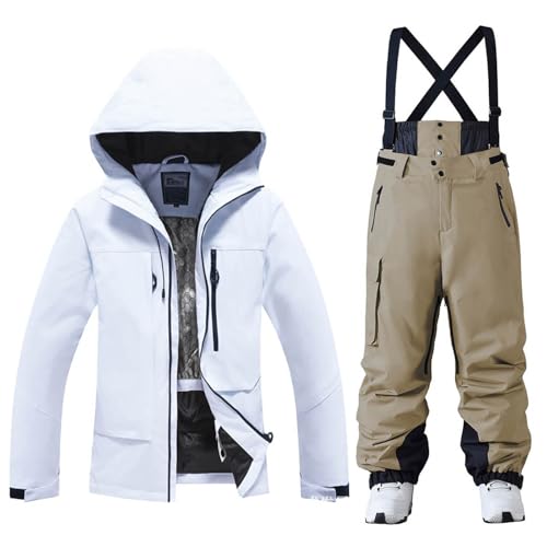 YEEFINE Mens Ski Suit Two Piece Waterproof Ski White Jacket and Khaki Pants Set Windproof Winter Snow Coat Warm Snowsuits