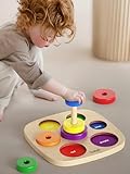 Dailyfunn Montessori Toys Wooden Rainbow Ring Stacker Color Size Learning Sorting Stacking Toy for Toddlers...