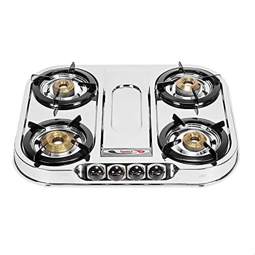 Image of Suntex 4 Burner Stainless Steel Gas Stove for LPG | 4 Premium Orchid Brass Burners with Heavy Duty Pan Supports | Manual Ignition Cooktop | ISI Certified | 24 Months Warranty | Large Size