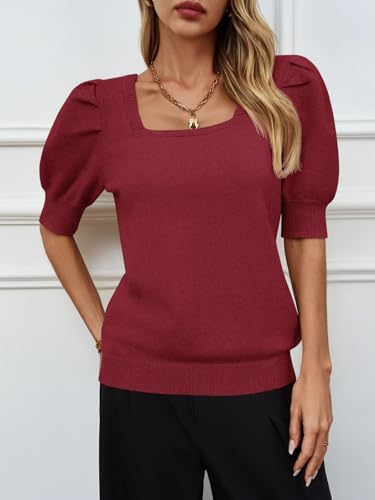 Image of Womens Puff Short Sleeve Sweater Tops Square Neck Casual Knit Pullover | Dressy Casual Blouses,Fall Shirts,Fashion Summer Clothing,Cute Spring Outfits,Work Shirts
