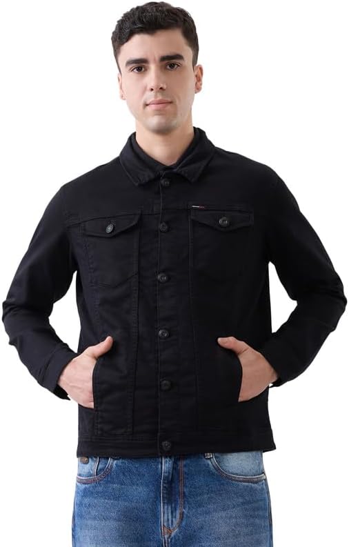 - Men's Black Solid Button-Down Denim Jacket For Men - Stylish Winter Wear for Men