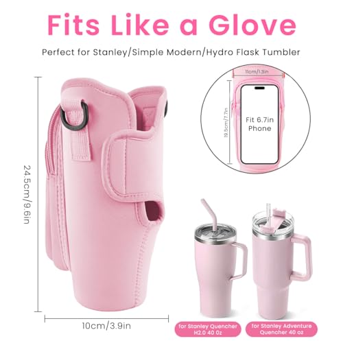 Image of HASTHIP Water Bottle Carrier Bag for Stanley 40 /30 oz Tumbler with Phone Pocket Water Bottle Holder (Pink)