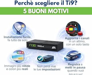 DIGIQUEST Decoder tivùsat Ti9, DVB-S2|AUTO INSTALLANTE|Telecomando 2 in 1| Smartcard tivùsat inclusa|HDR10/ HLG|Funzione di registrazione attivabile|Tasto SOS |