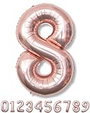 La Kissa 数字バルーン 8歳 約90cm 誕生日 飾り付け ナンバーバルーン メタルカラー 長いストロー付 再利用可能 (ローズゴールド, 8)