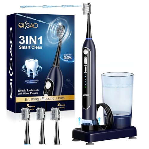Electric Toothbrush with Water Flosser Upgraded 2.0 Flossing Toothbrush with 5 Speeds & 3 Modes 30 Days/Charge for Teeth Cleaning and Plaque Removal Sensitive Teeth & Dental Implants-Dark Blue