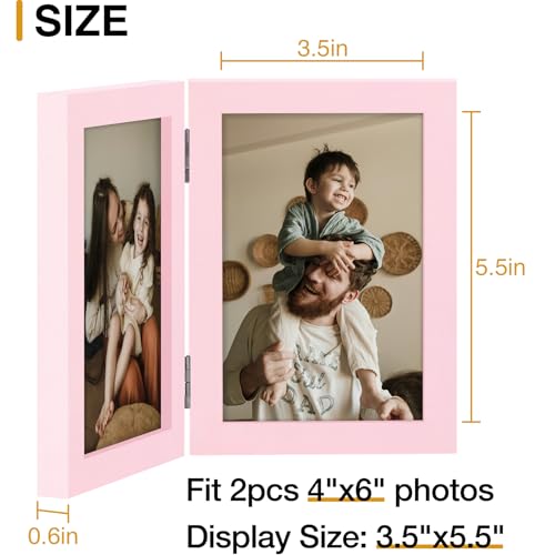 decorUhome Double 4x6 Picture Frame Vertical, Engineered Wood Bifold Photo Frame with Plexiglass for Tabletop Display, 4x6, Pink