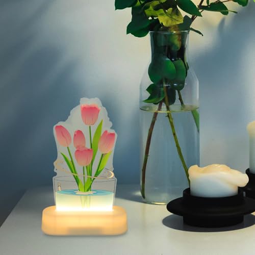 Lámpara de mesa de noche 3D tulipán rosa LED acrílica miniatura 4