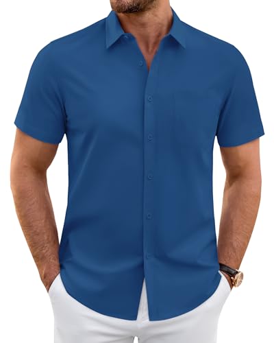 J.VER Mens Button Down Short Sleeve Shirt Stretch Casual Shirts Blue L